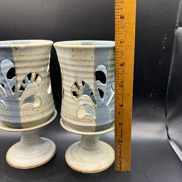 2 MCM Studio Art Pottery Candle Holder Cut Out Pedestal Blue Set Of 2 signed - Picture 4 of 11